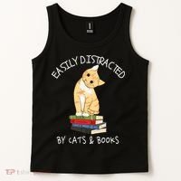 Easily Distracted By Cats And Books Cat & Book Lover Tank Top thumb 2