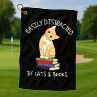Easily Distracted By Cats And Books Cat & Book Lover Golf Towel thumb 1
