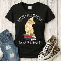 Easily Distracted By Cats And Books Cat & Book Lover Women's T-Shirt thumb 3