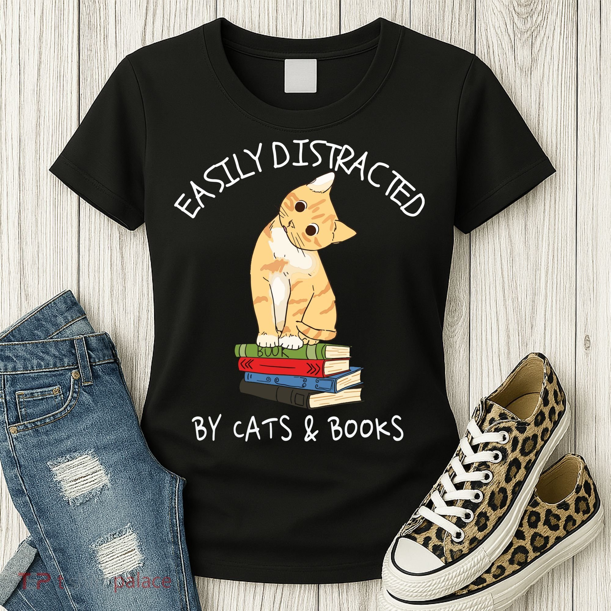 Easily Distracted By Cats And Books Cat & Book Lover Women's T-Shirt