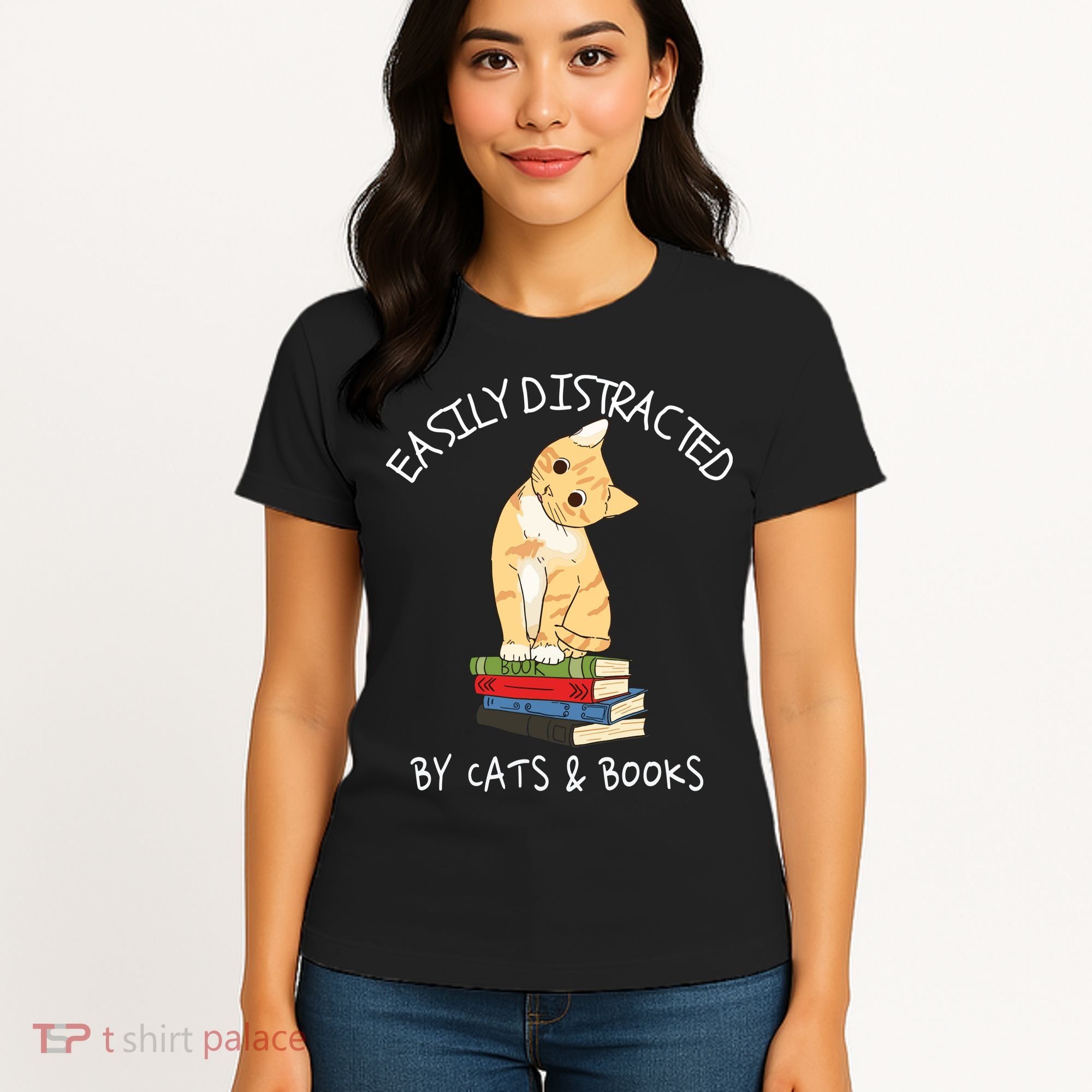 Easily Distracted By Cats And Books Cat & Book Lover Women's T-Shirt