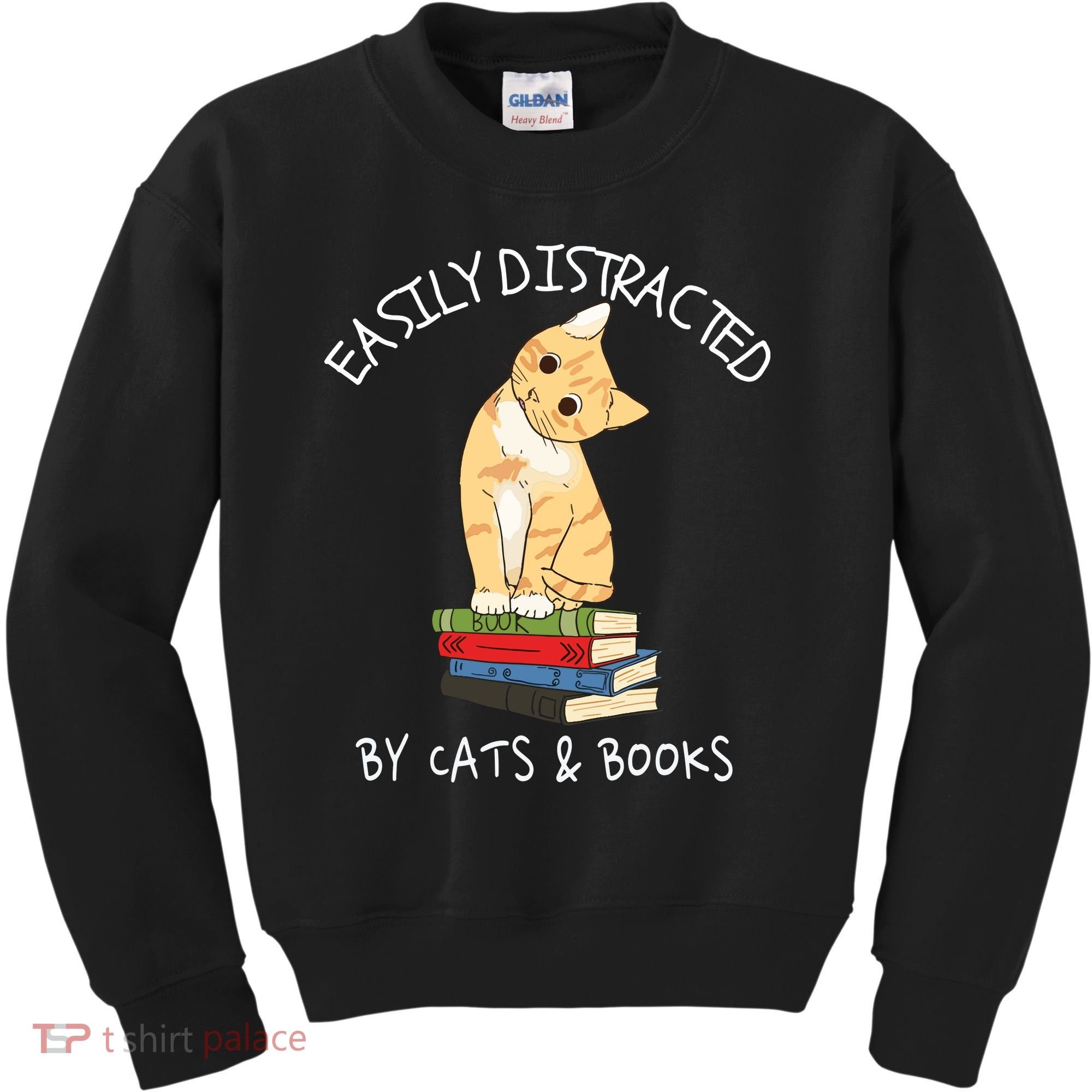Easily Distracted By Cats And Books Cat & Book Lover Kids Sweatshirt