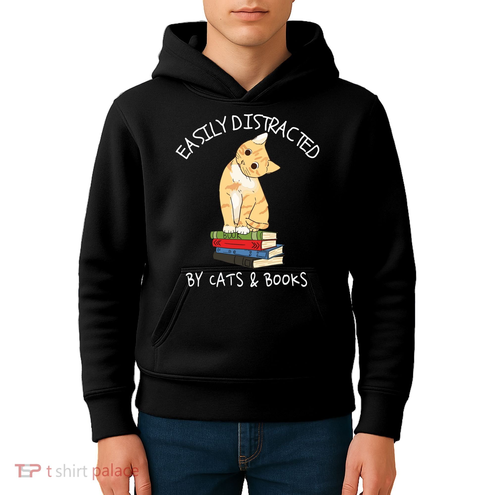 Easily Distracted By Cats And Books Cat & Book Lover Kids Hoodie
