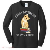 Easily Distracted By Cats And Books Cat & Book Lover Kids Long Sleeve Shirt thumb 0