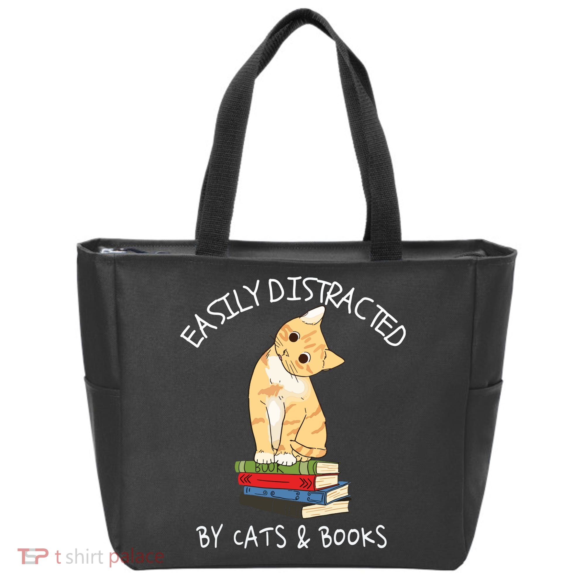 Easily Distracted By Cats And Books Cat & Book Lover Tote Bag
