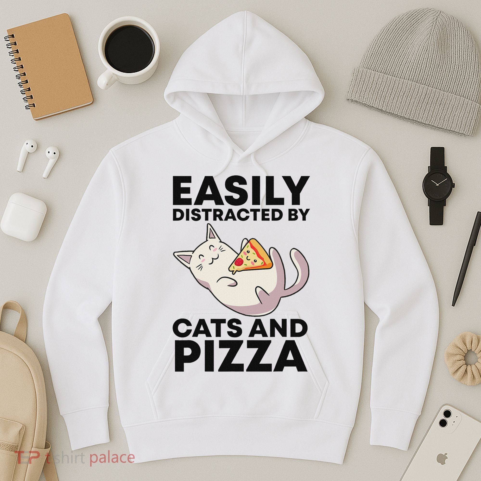 Easily Distracted By Cats And Pizza Kawaii Cat Lovers Gift Hoodie