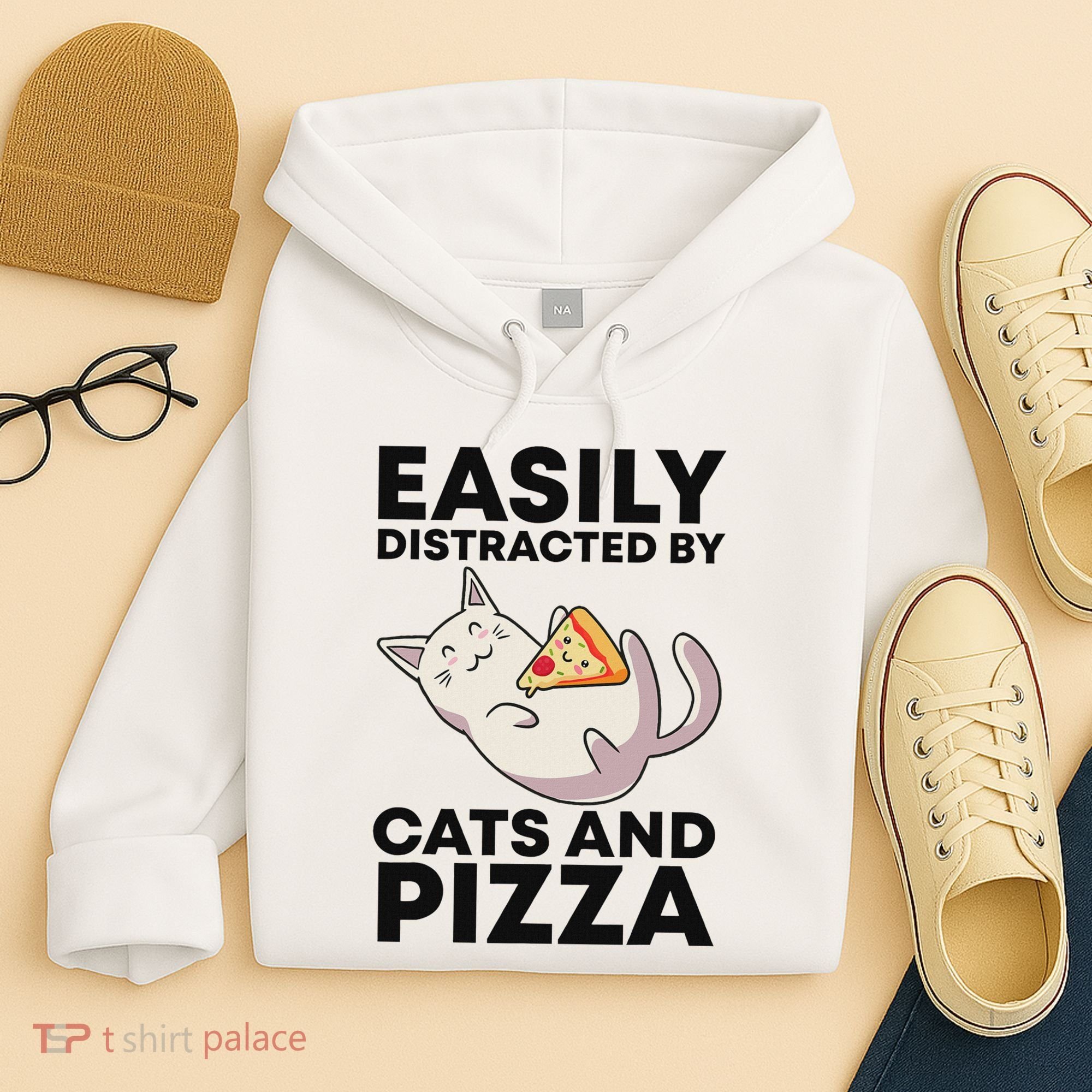 Easily Distracted By Cats And Pizza Kawaii Cat Lovers Gift Hoodie