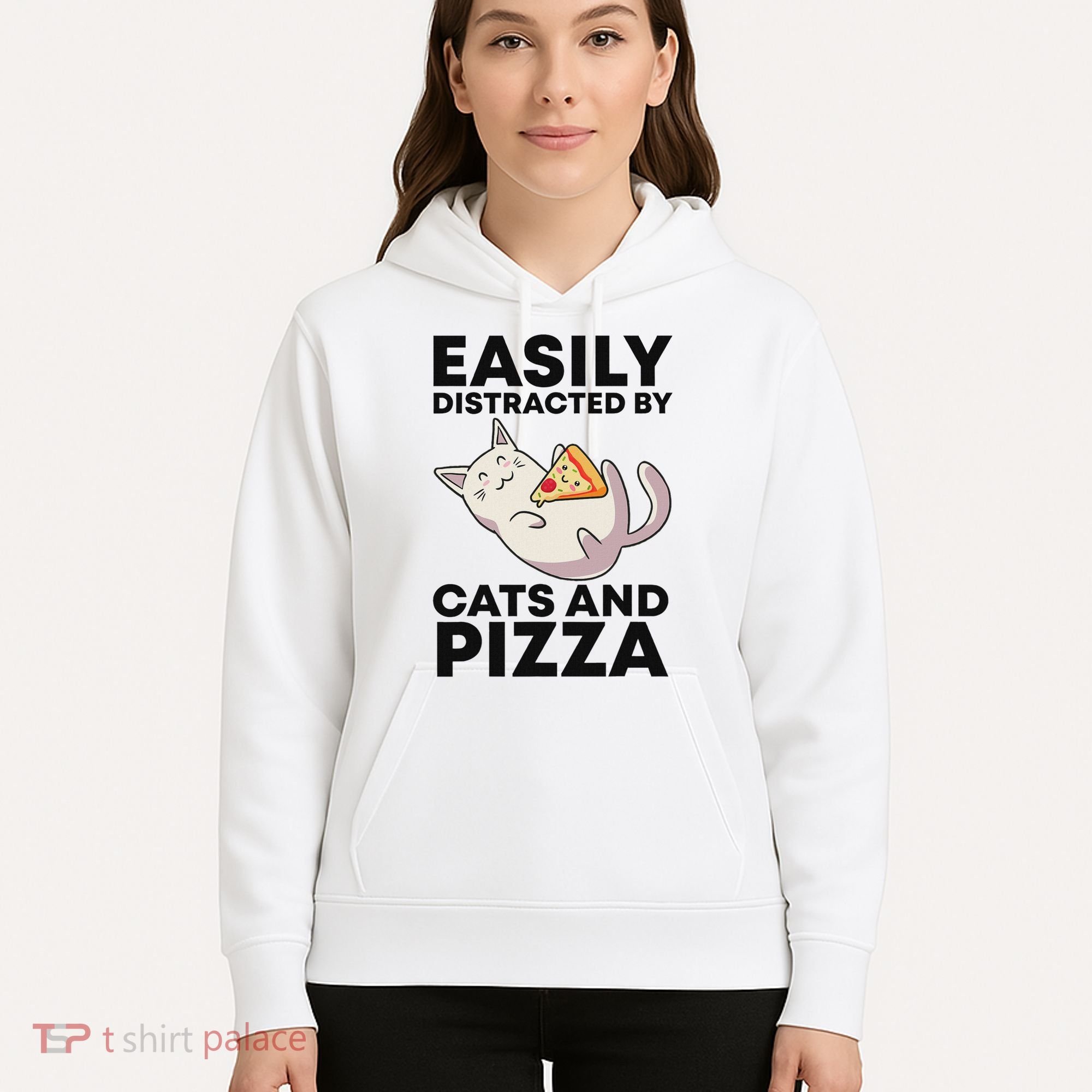 Easily Distracted By Cats And Pizza Kawaii Cat Lovers Gift Hoodie
