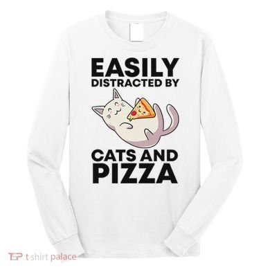 Easily Distracted By Cats And Pizza Kawaii Cat Lovers Gift Long Sleeve Shirt