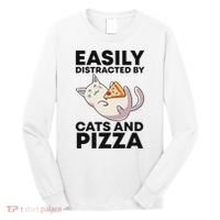 Easily Distracted By Cats And Pizza Kawaii Cat Lovers Gift Long Sleeve Shirt thumb 0