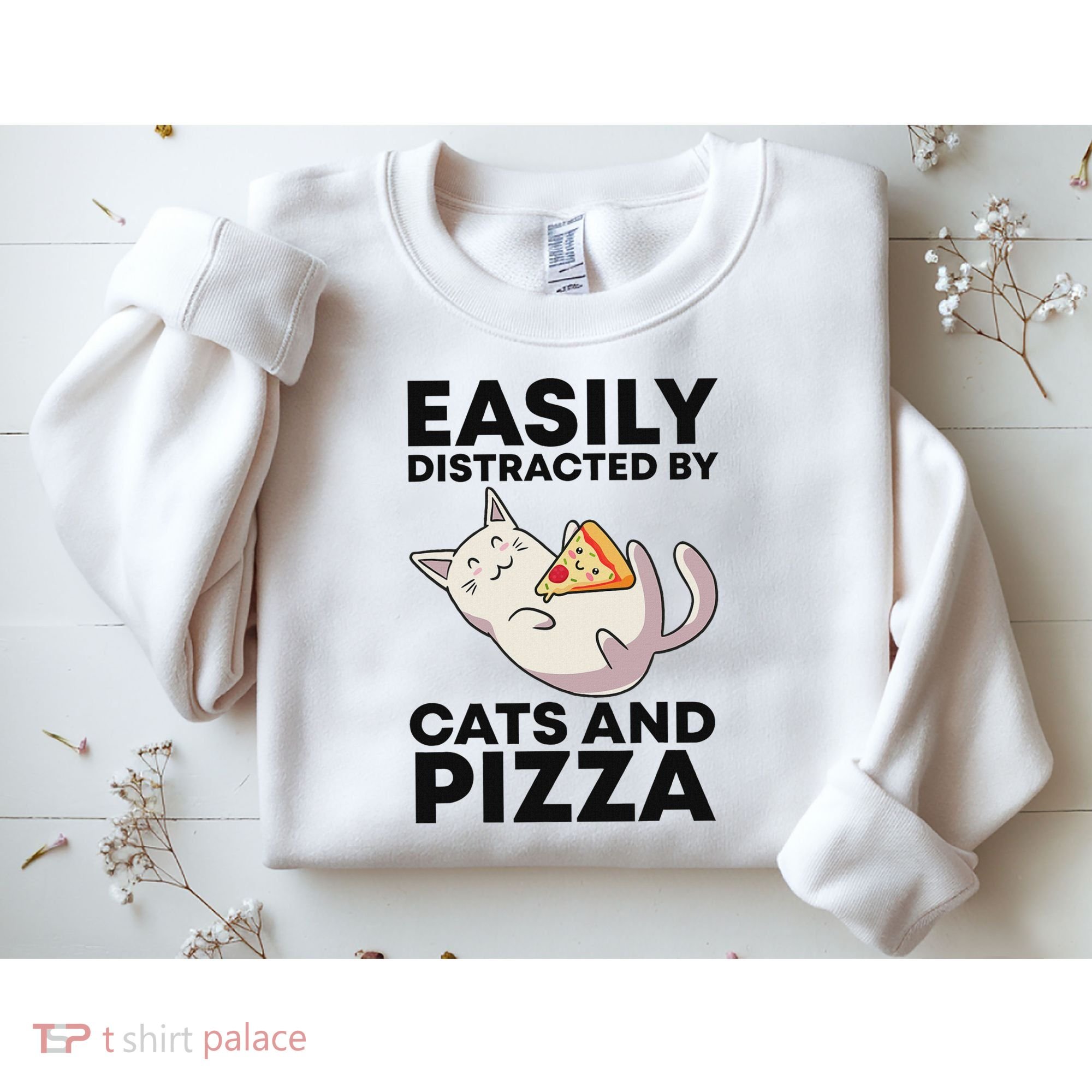 Easily Distracted By Cats And Pizza Kawaii Cat Lovers Gift Sweatshirt