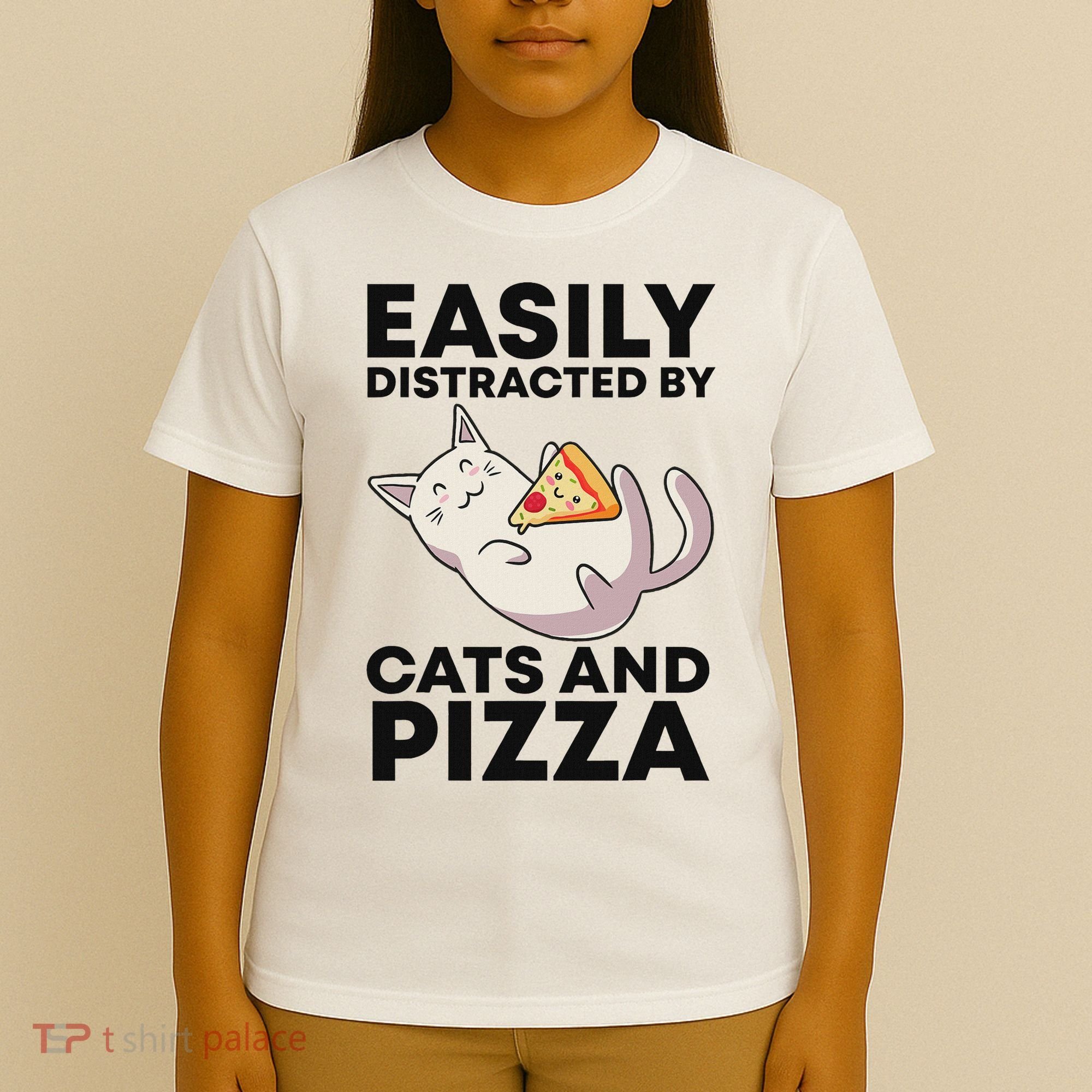 Easily Distracted By Cats And Pizza Kawaii Cat Lovers Gift T-Shirt
