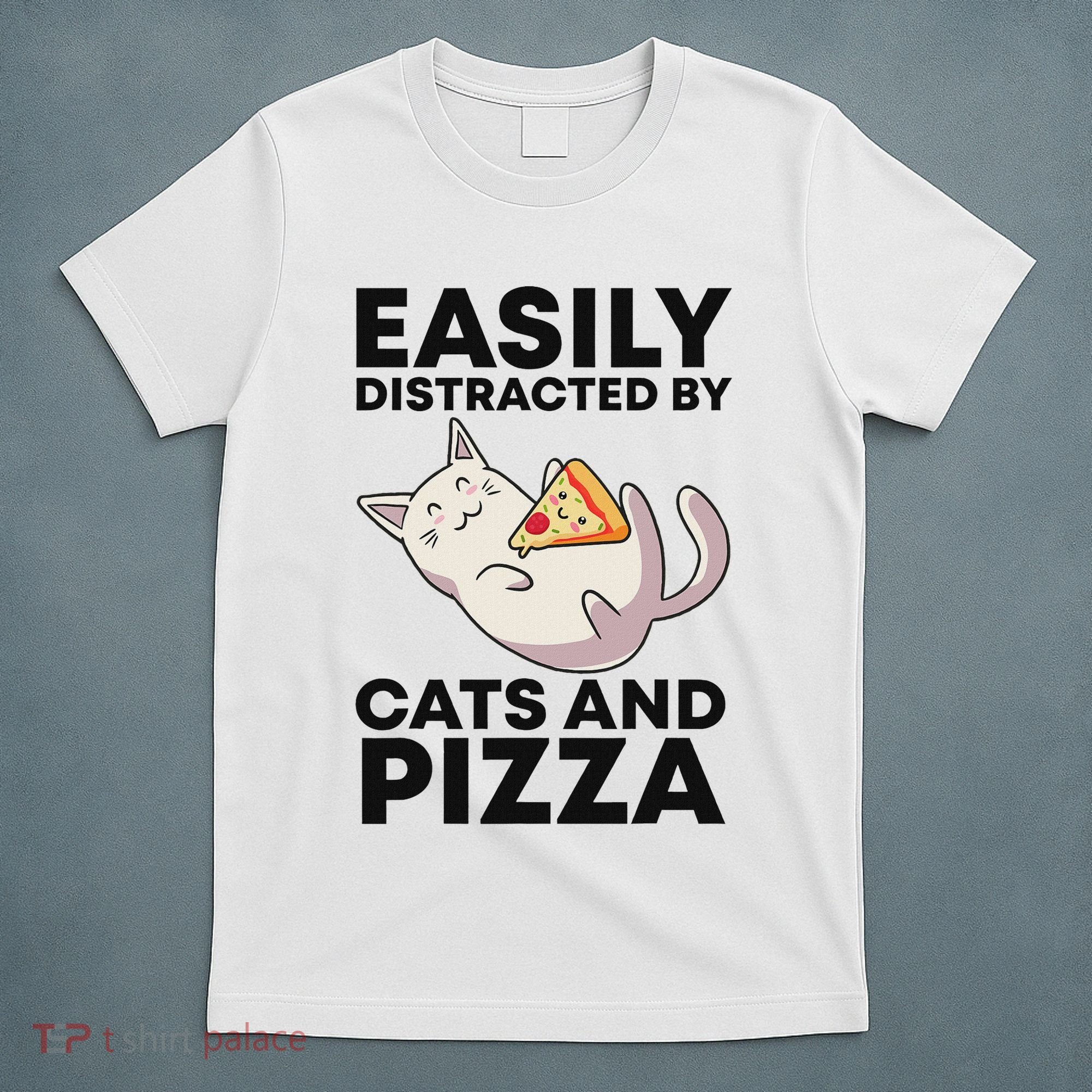 Easily Distracted By Cats And Pizza Kawaii Cat Lovers Gift T-Shirt