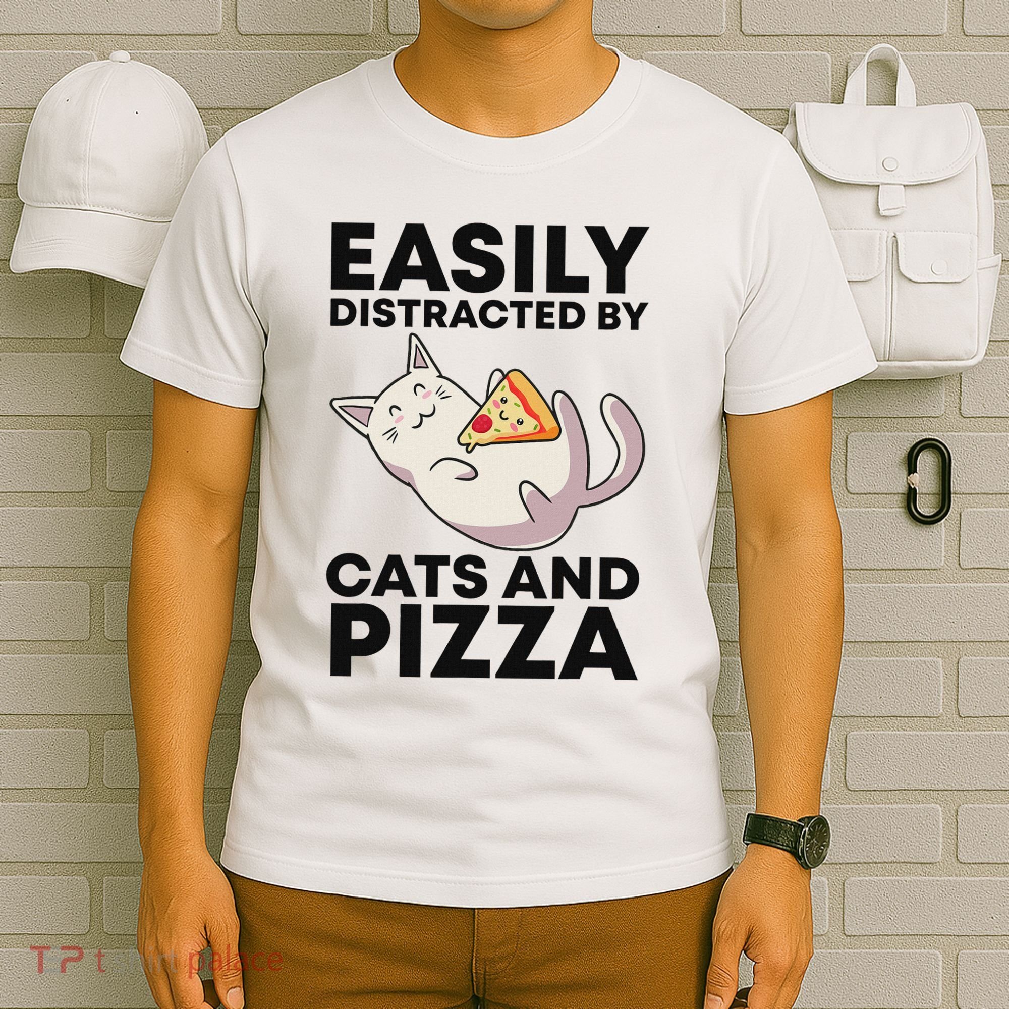 Easily Distracted By Cats And Pizza Kawaii Cat Lovers Gift T-Shirt