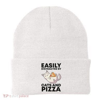 Easily Distracted By Cats And Pizza Kawaii Cat Lovers Gift Beanie