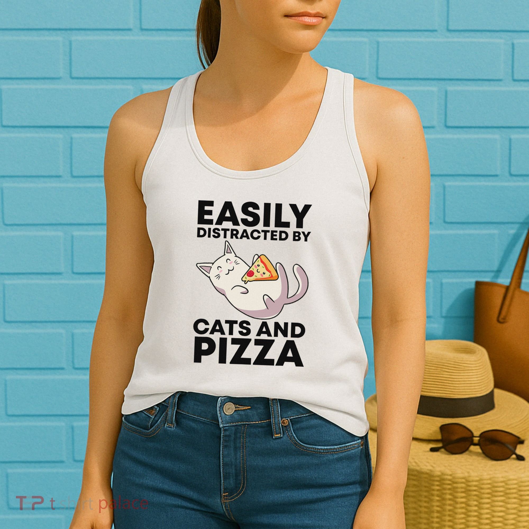 Easily Distracted By Cats And Pizza Kawaii Cat Lovers Gift Women's Tank Top