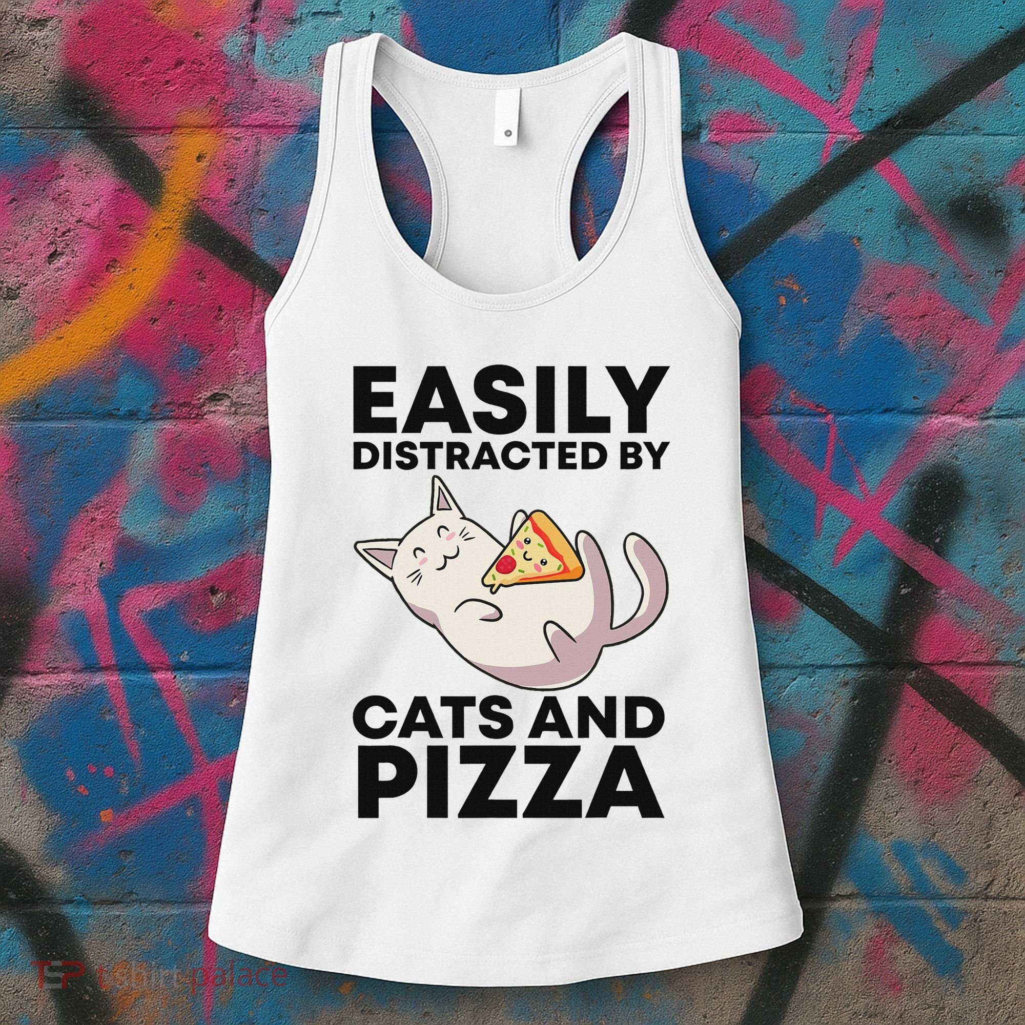 Easily Distracted By Cats And Pizza Kawaii Cat Lovers Gift Women's Tank Top