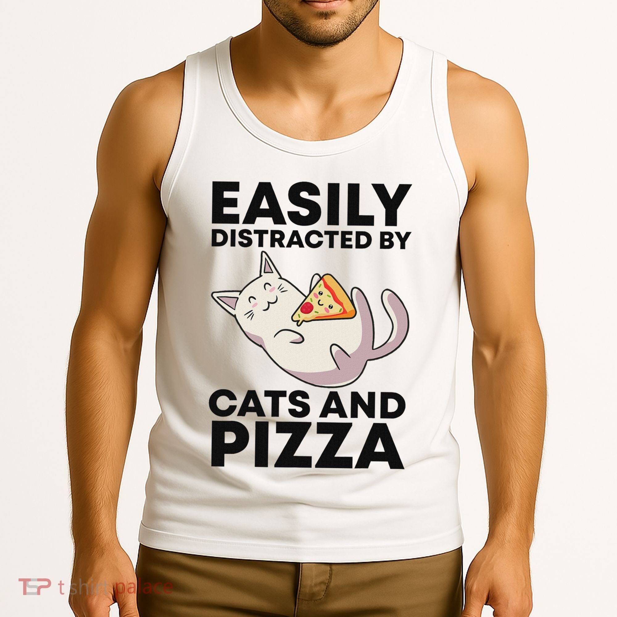 Easily Distracted By Cats And Pizza Kawaii Cat Lovers Gift Tank Top