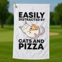 Easily Distracted By Cats And Pizza Kawaii Cat Lovers Gift Golf Towel thumb 1