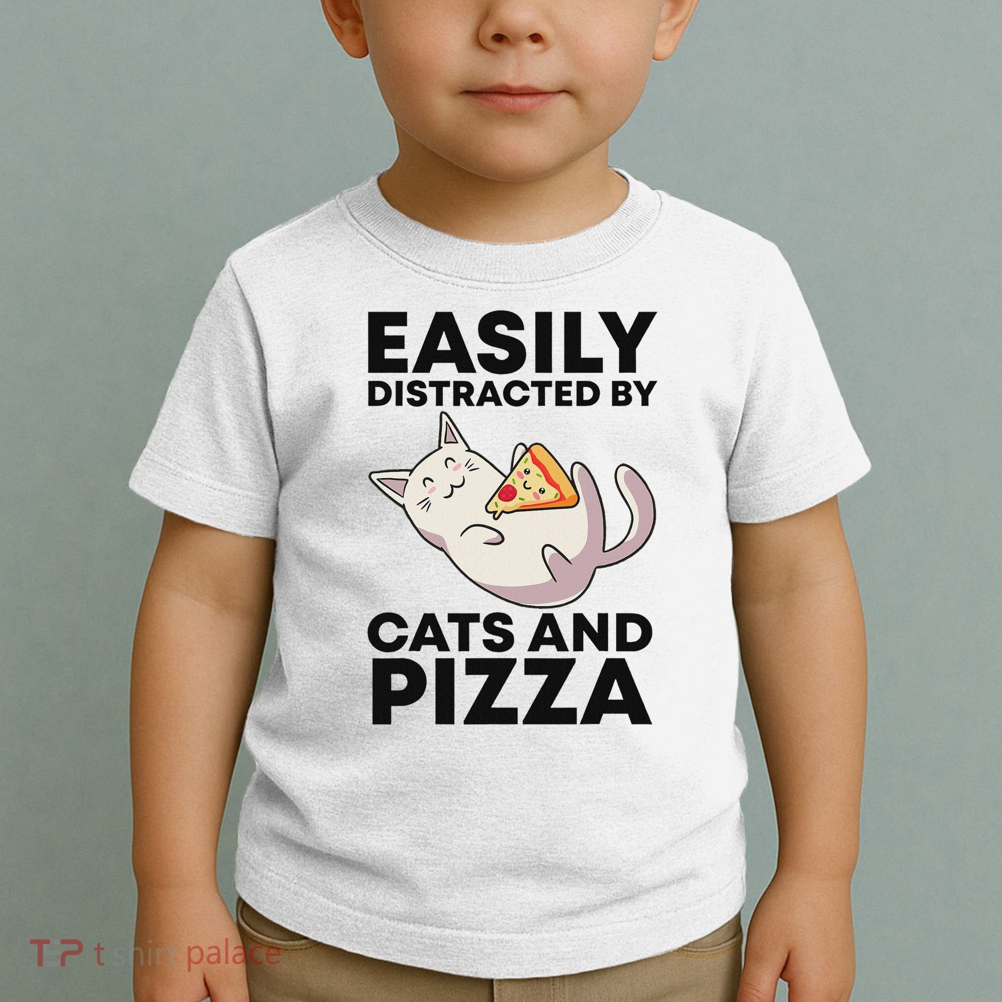 Easily Distracted By Cats And Pizza Kawaii Cat Lovers Gift Toddler T-Shirt