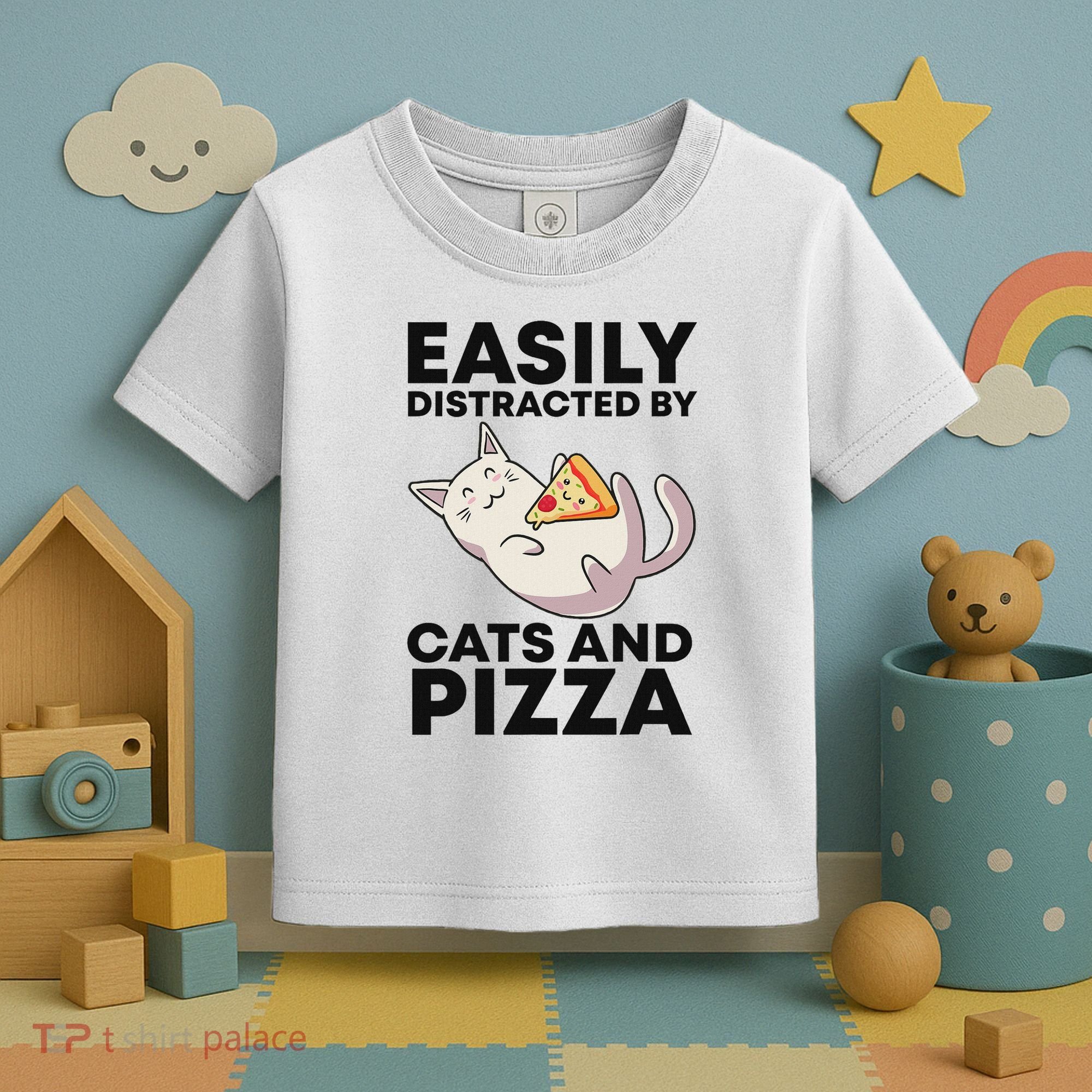 Easily Distracted By Cats And Pizza Kawaii Cat Lovers Gift Toddler T-Shirt