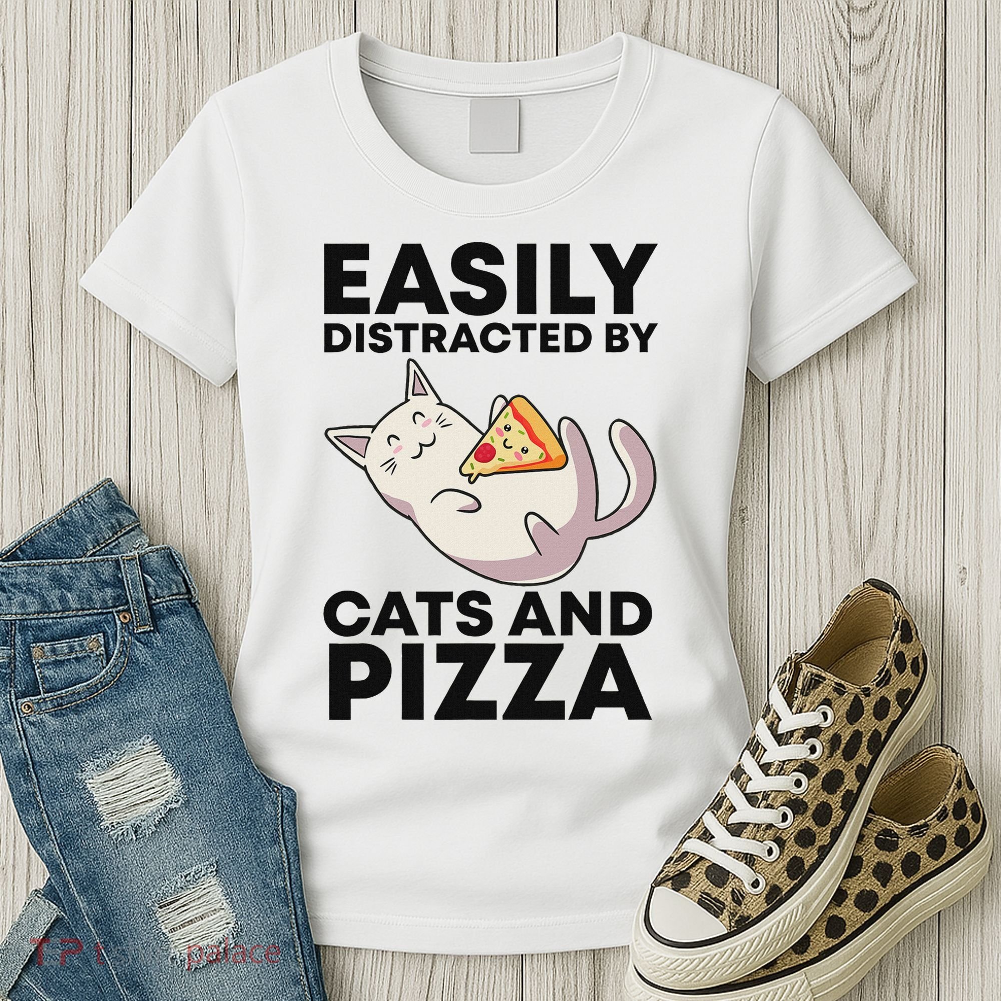 Easily Distracted By Cats And Pizza Kawaii Cat Lovers Gift Women's T-Shirt