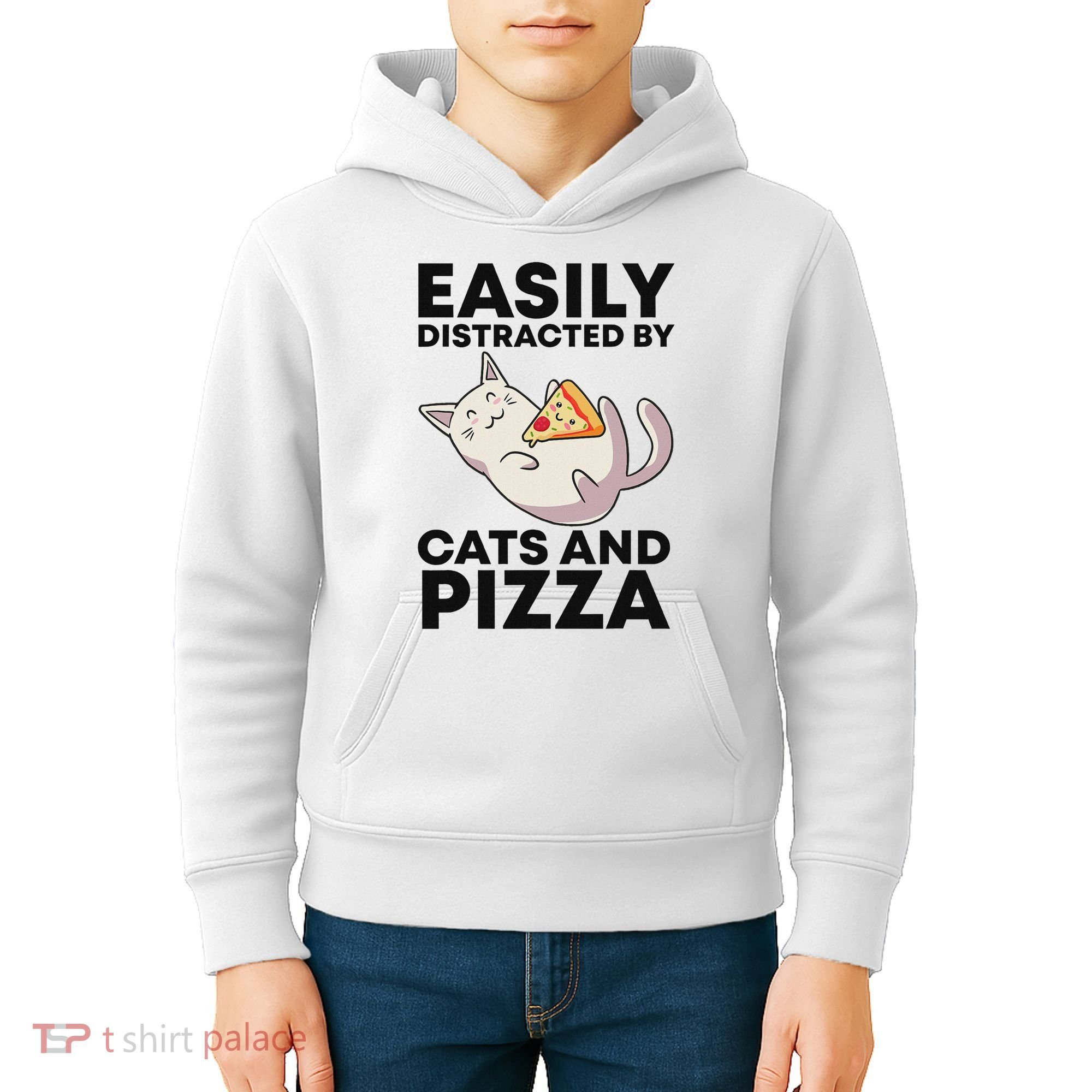 Easily Distracted By Cats And Pizza Kawaii Cat Lovers Gift Kids Hoodie