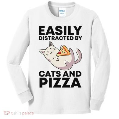 Easily Distracted By Cats And Pizza Kawaii Cat Lovers Gift Kids Long Sleeve Shirt