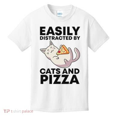 Easily Distracted By Cats And Pizza Kawaii Cat Lovers Gift Kids T-Shirt