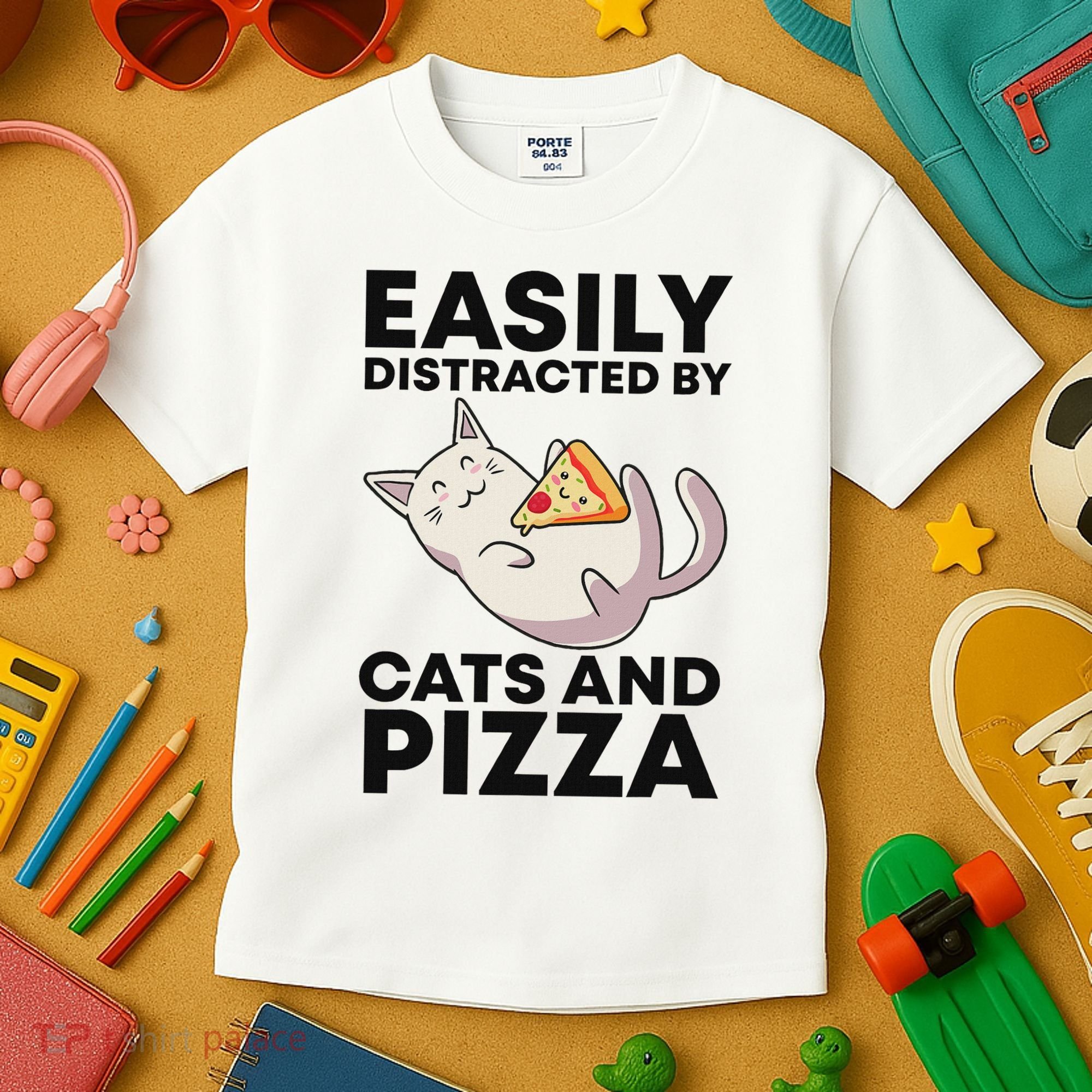 Easily Distracted By Cats And Pizza Kawaii Cat Lovers Gift Kids T-Shirt