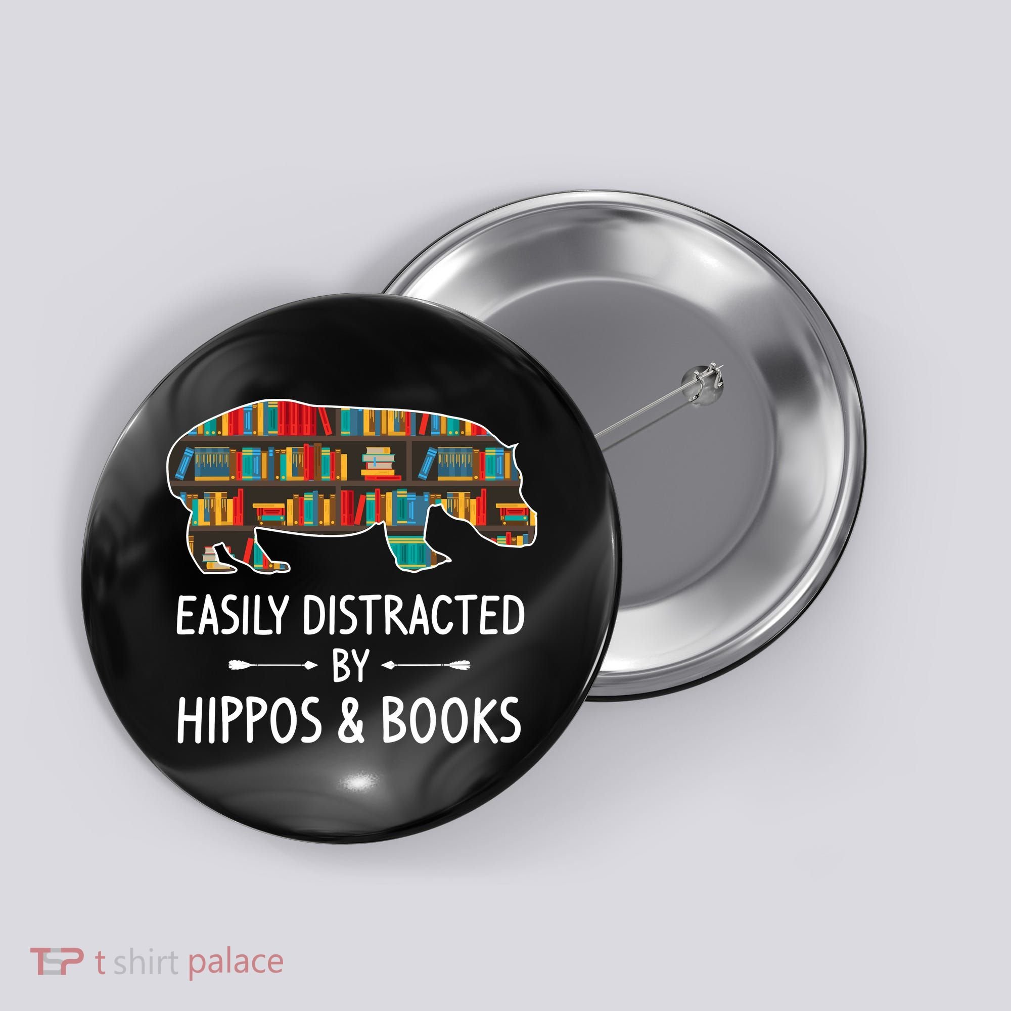 Easily Distracted By Hippos & Books Lover Gift Horse River Button