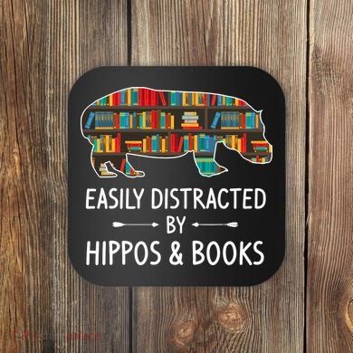 Easily Distracted By Hippos & Books Lover Gift Horse River Coaster