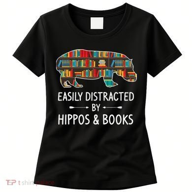 Easily Distracted By Hippos & Books Lover Gift Horse River Women's T-Shirt