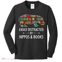 Easily Distracted By Hippos & Books Lover Gift Horse River Kids Long Sleeve Shirt thumb 0