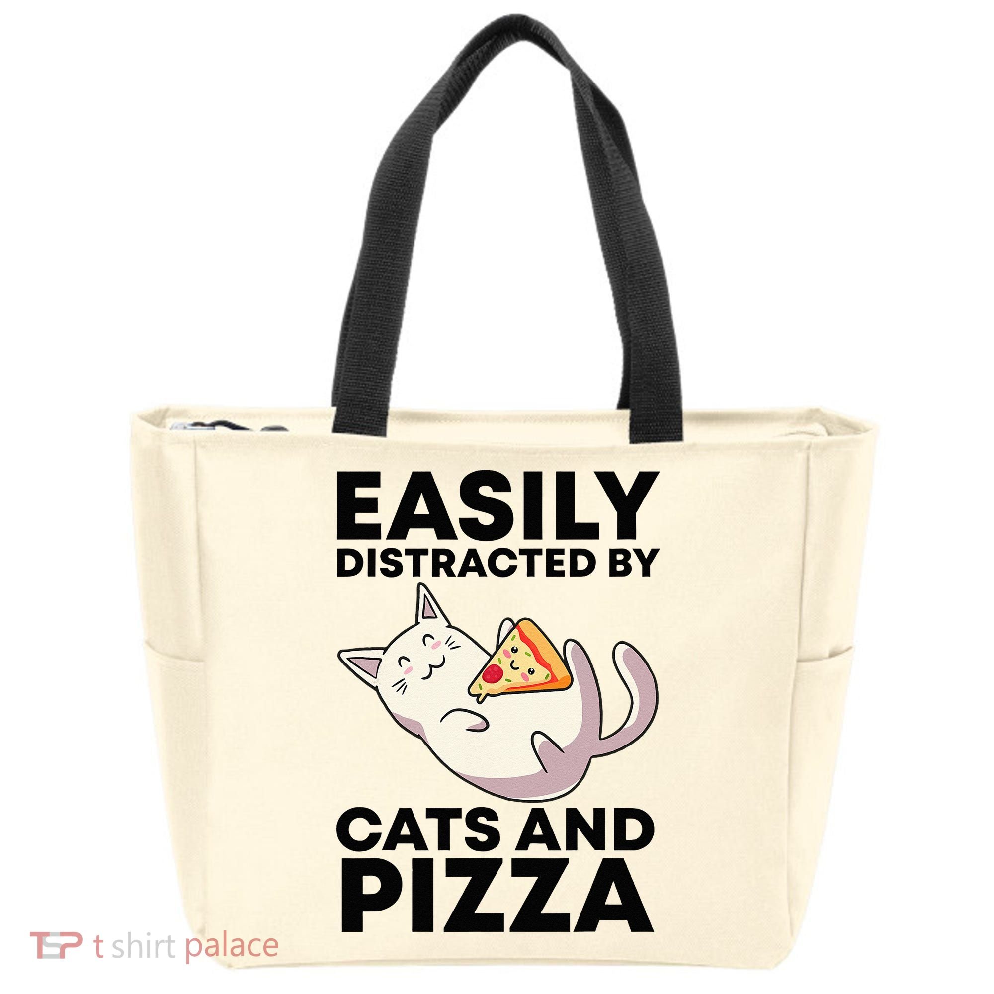 Easily Distracted By Cats And Pizza Kawaii Cat Lovers Gift Tote Bag