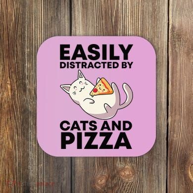 Easily Distracted By Cats And Pizza Kawaii Cat Lovers Gift Coaster