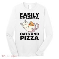 Easily Distracted By Cats And Pizza Kawaii Cat Lovers Gift Long Sleeve Shirt thumb 0