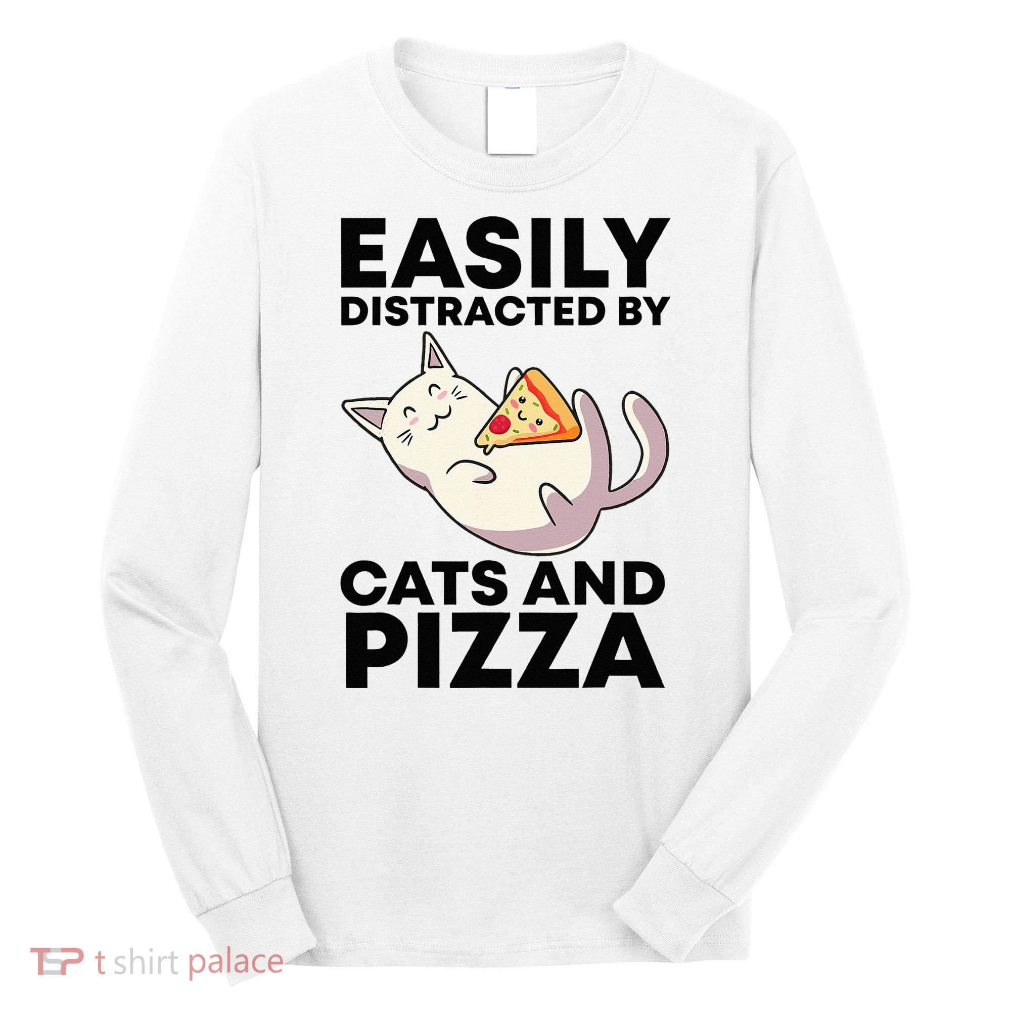 Easily Distracted By Cats And Pizza Kawaii Cat Lovers Gift Long Sleeve Shirt