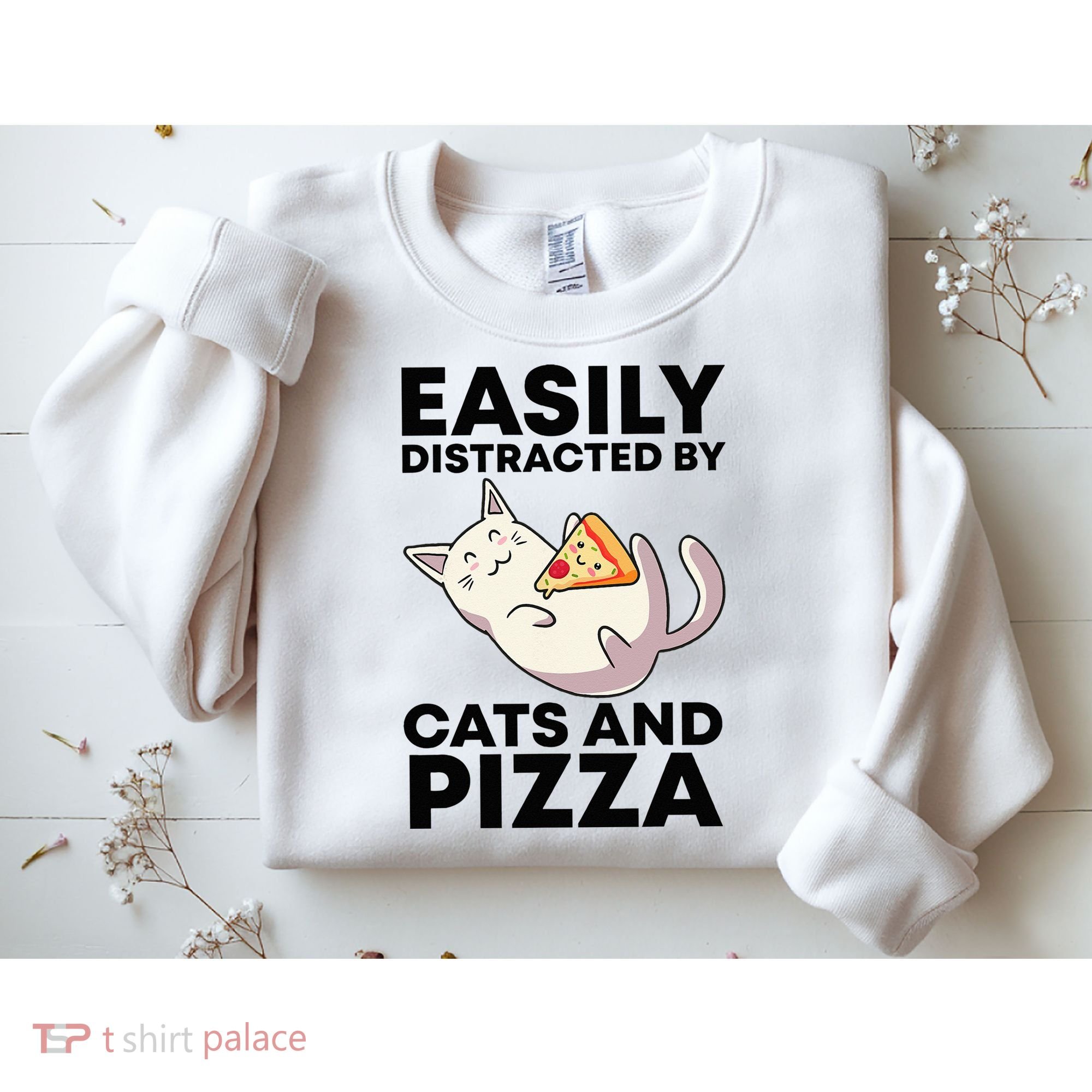 Easily Distracted By Cats And Pizza Kawaii Cat Lovers Gift Sweatshirt