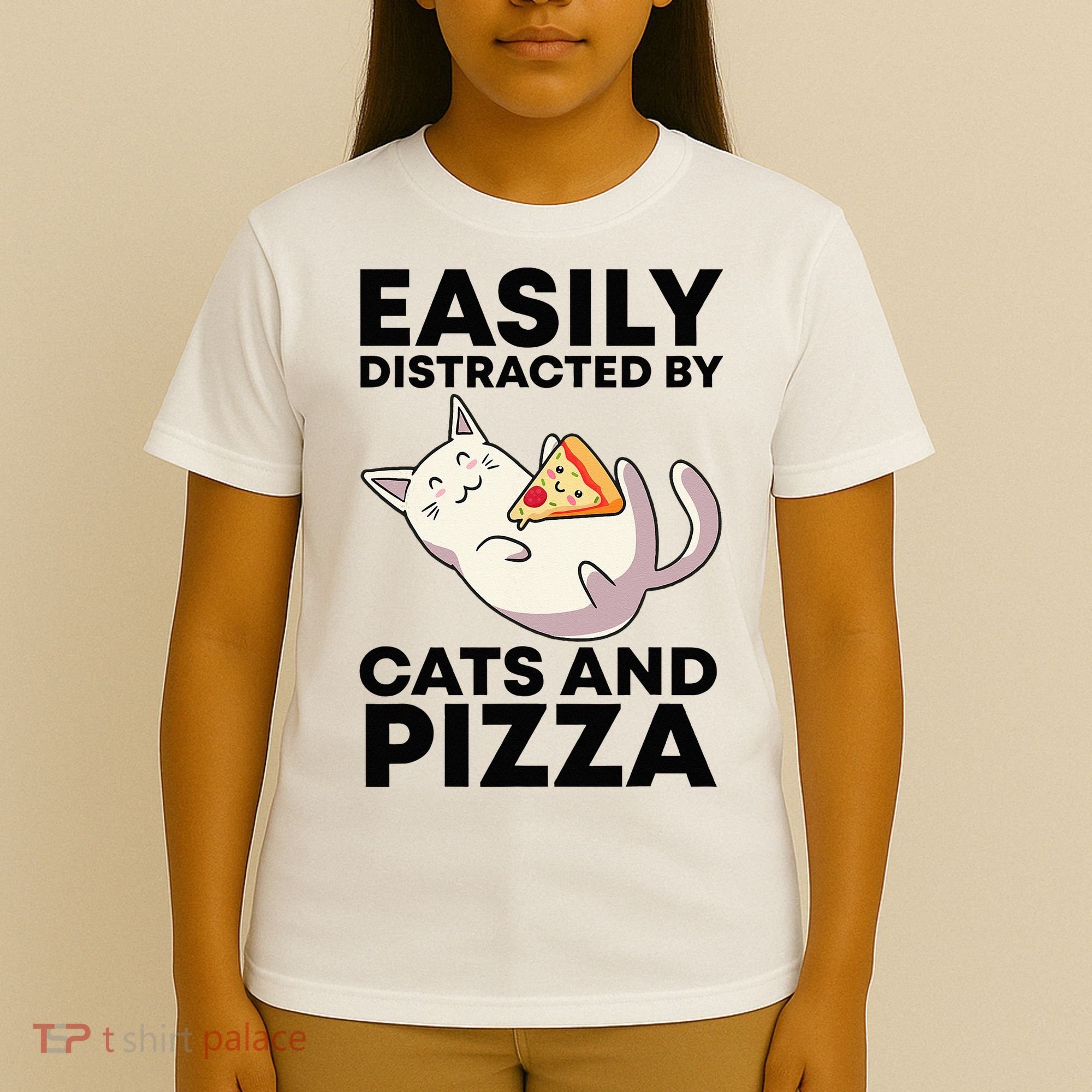 Easily Distracted By Cats And Pizza Kawaii Cat Lovers Gift T-Shirt