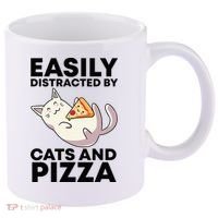 Easily Distracted By Cats And Pizza Kawaii Cat Lovers Gift 11oz C Handle Ceramic Mug thumb 0
