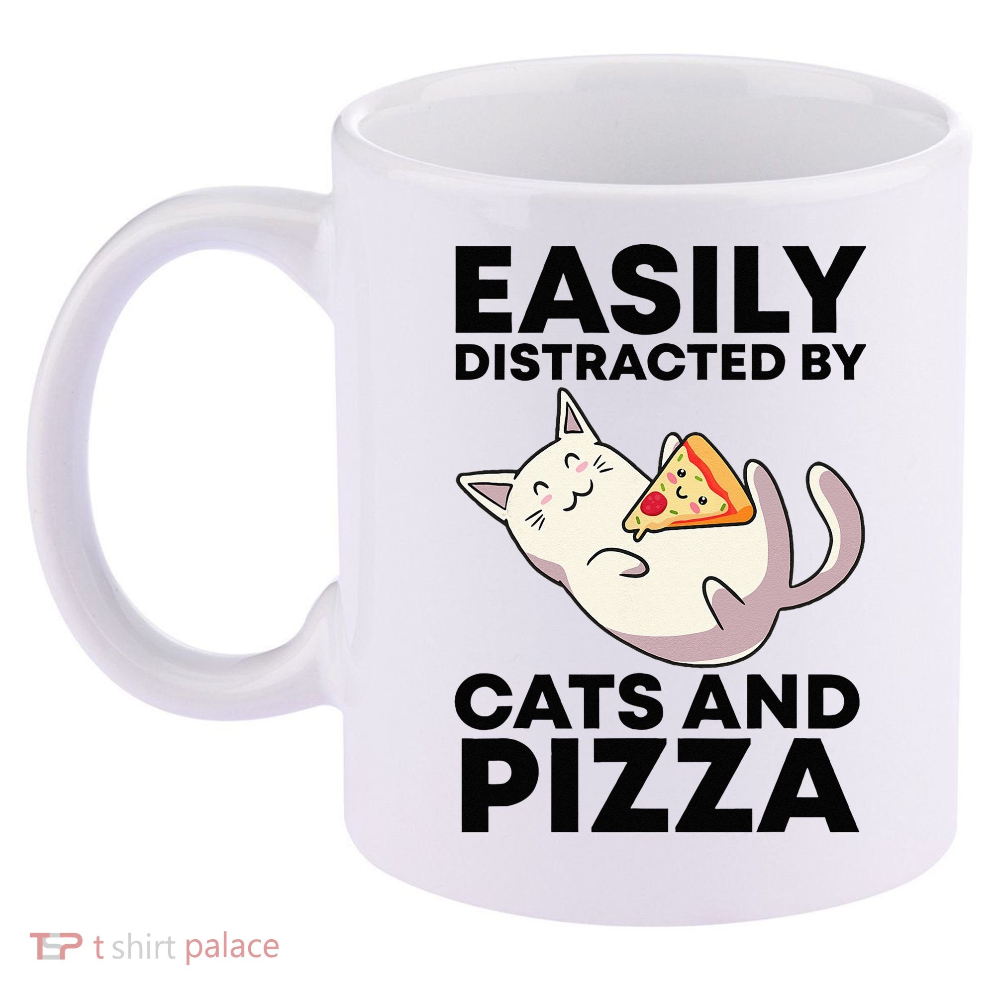 Easily Distracted By Cats And Pizza Kawaii Cat Lovers Gift 11oz C Handle Ceramic Mug