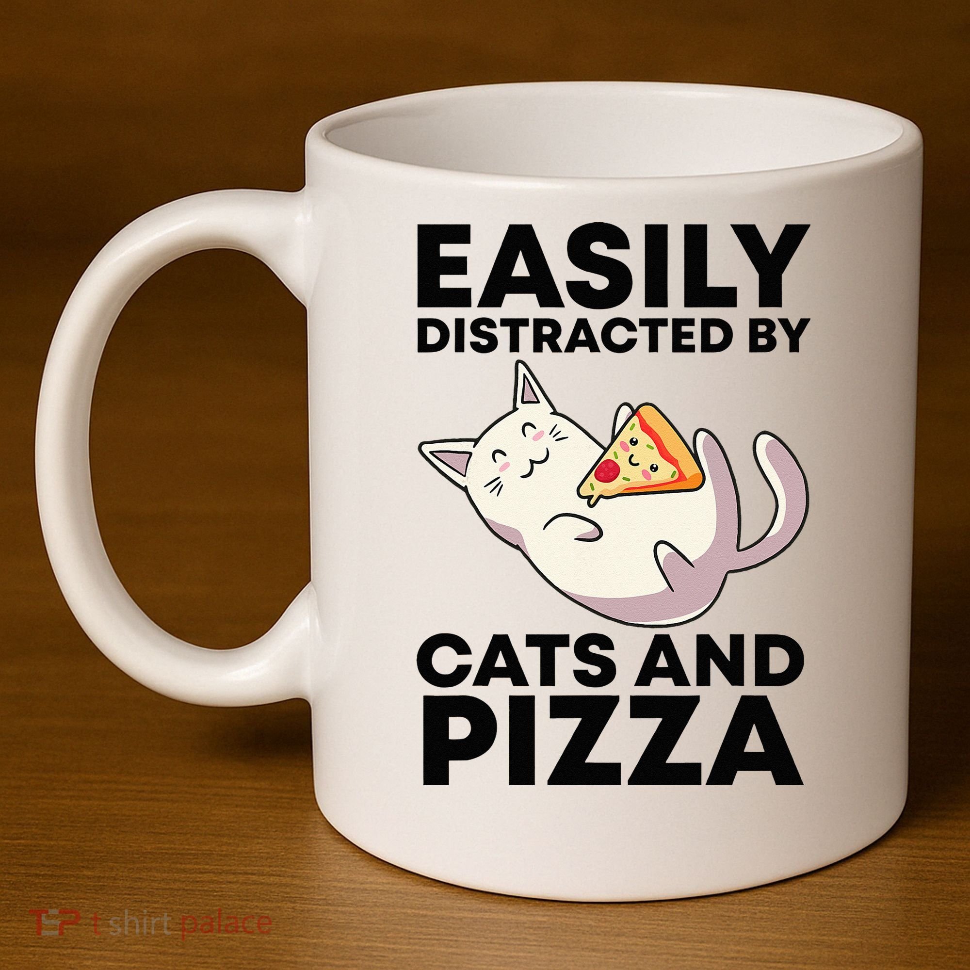 Easily Distracted By Cats And Pizza Kawaii Cat Lovers Gift 11oz C Handle Ceramic Mug