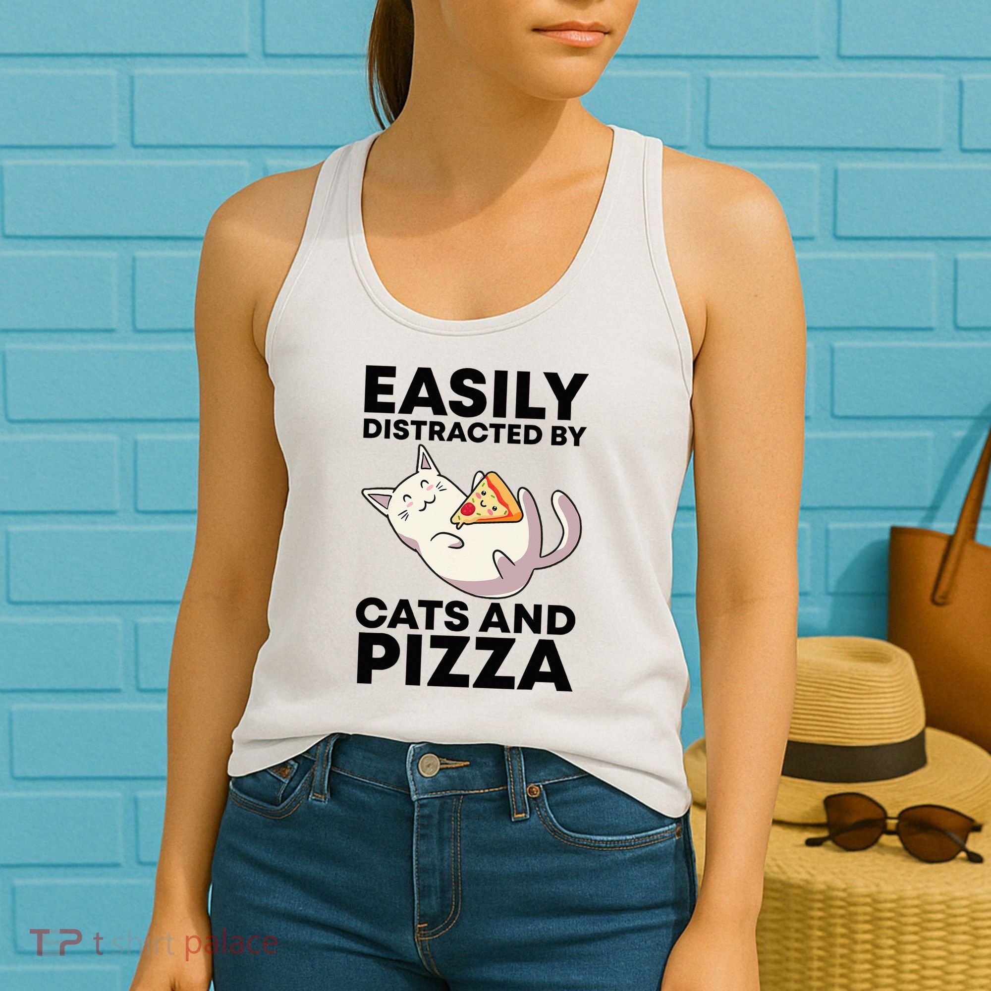 Easily Distracted By Cats And Pizza Kawaii Cat Lovers Gift Women's Tank Top
