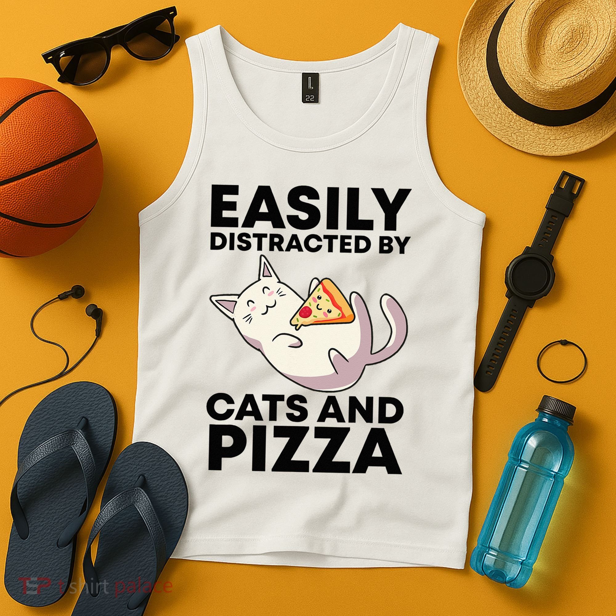 Easily Distracted By Cats And Pizza Kawaii Cat Lovers Gift Tank Top