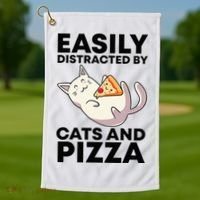 Easily Distracted By Cats And Pizza Kawaii Cat Lovers Gift Golf Towel thumb 1