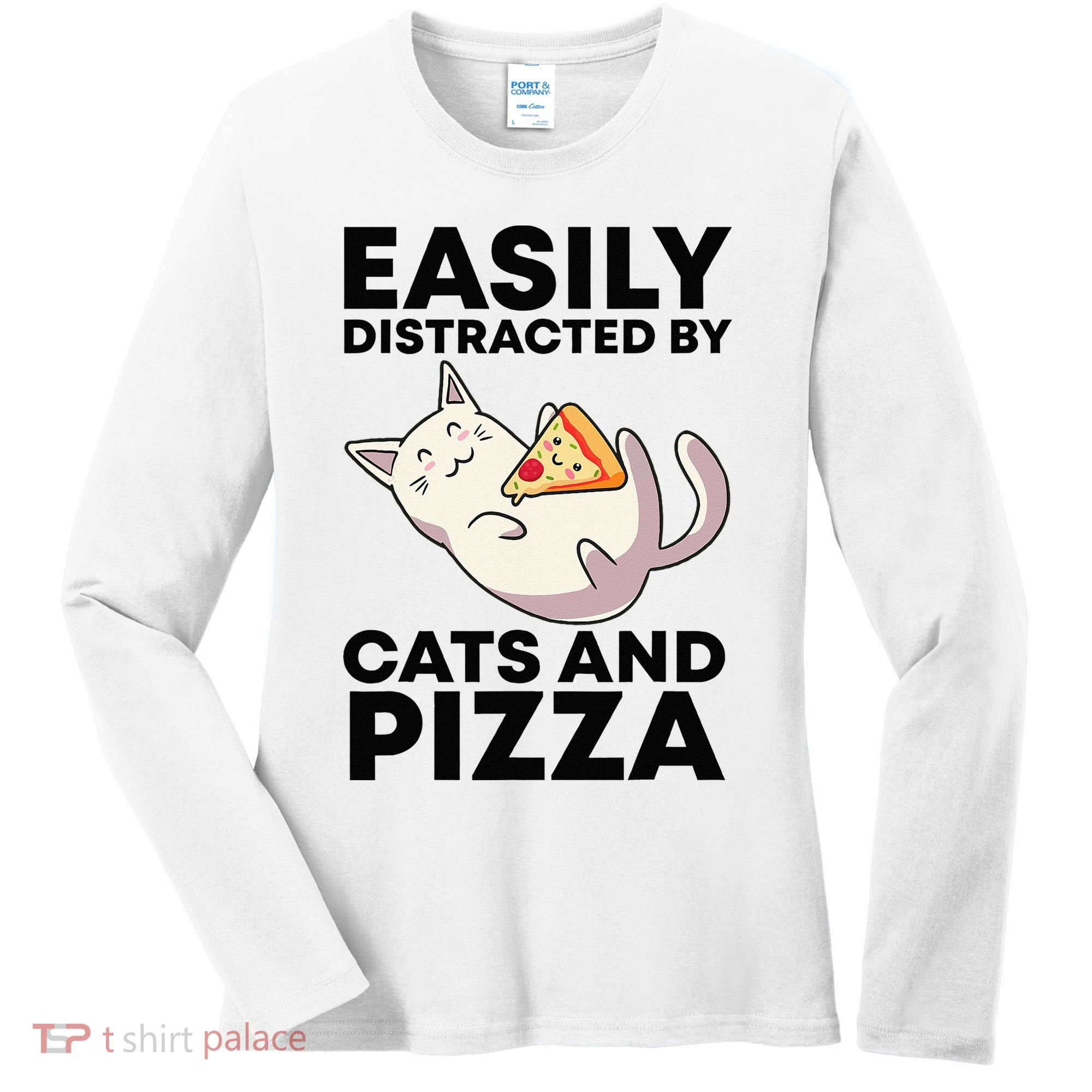 Easily Distracted By Cats And Pizza Kawaii Cat Lovers Gift Women's Long Sleeve Shirt
