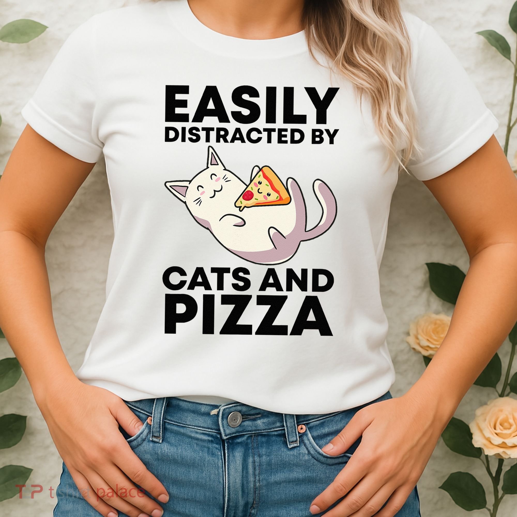 Easily Distracted By Cats And Pizza Kawaii Cat Lovers Gift Women's T-Shirt