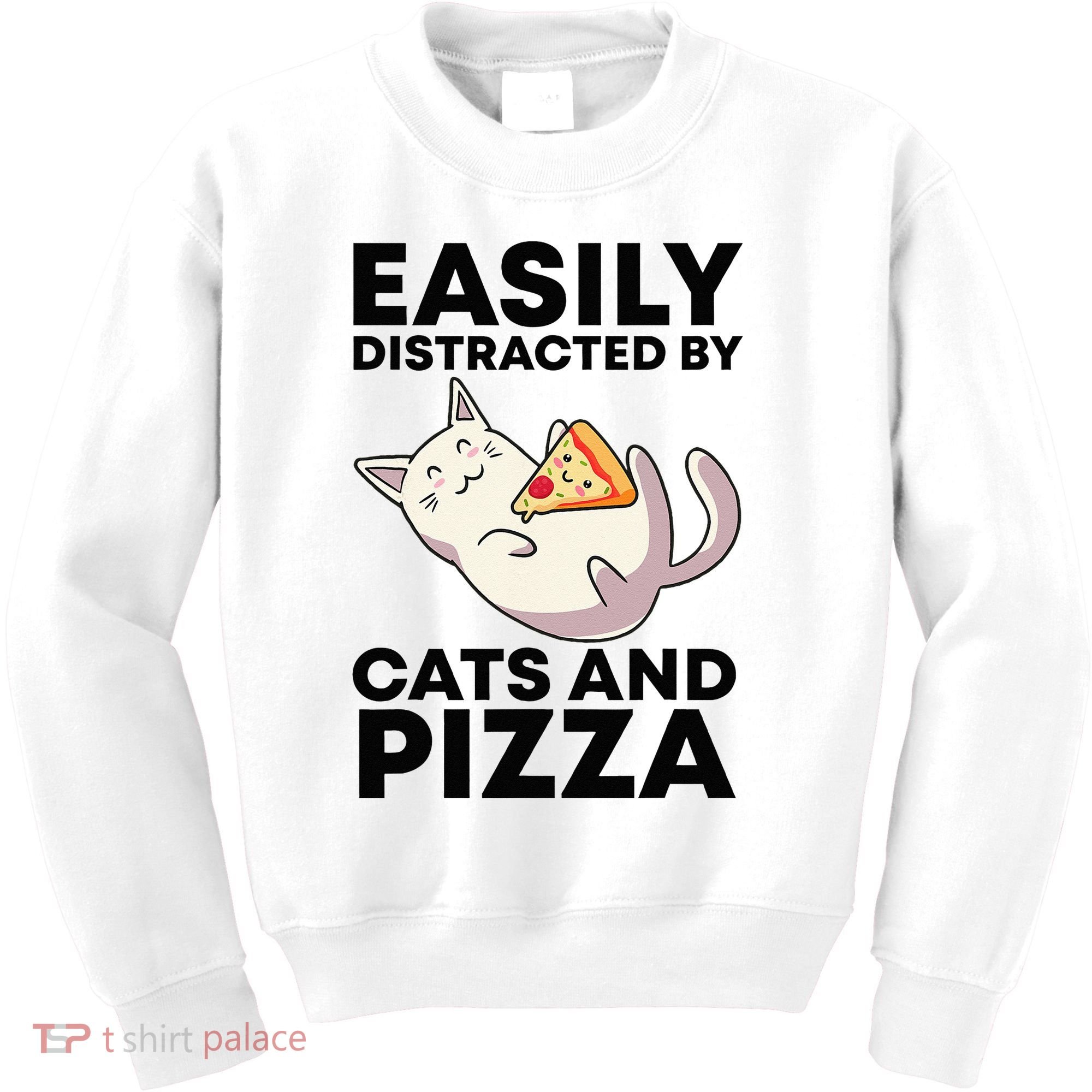 Easily Distracted By Cats And Pizza Kawaii Cat Lovers Gift Kids Sweatshirt