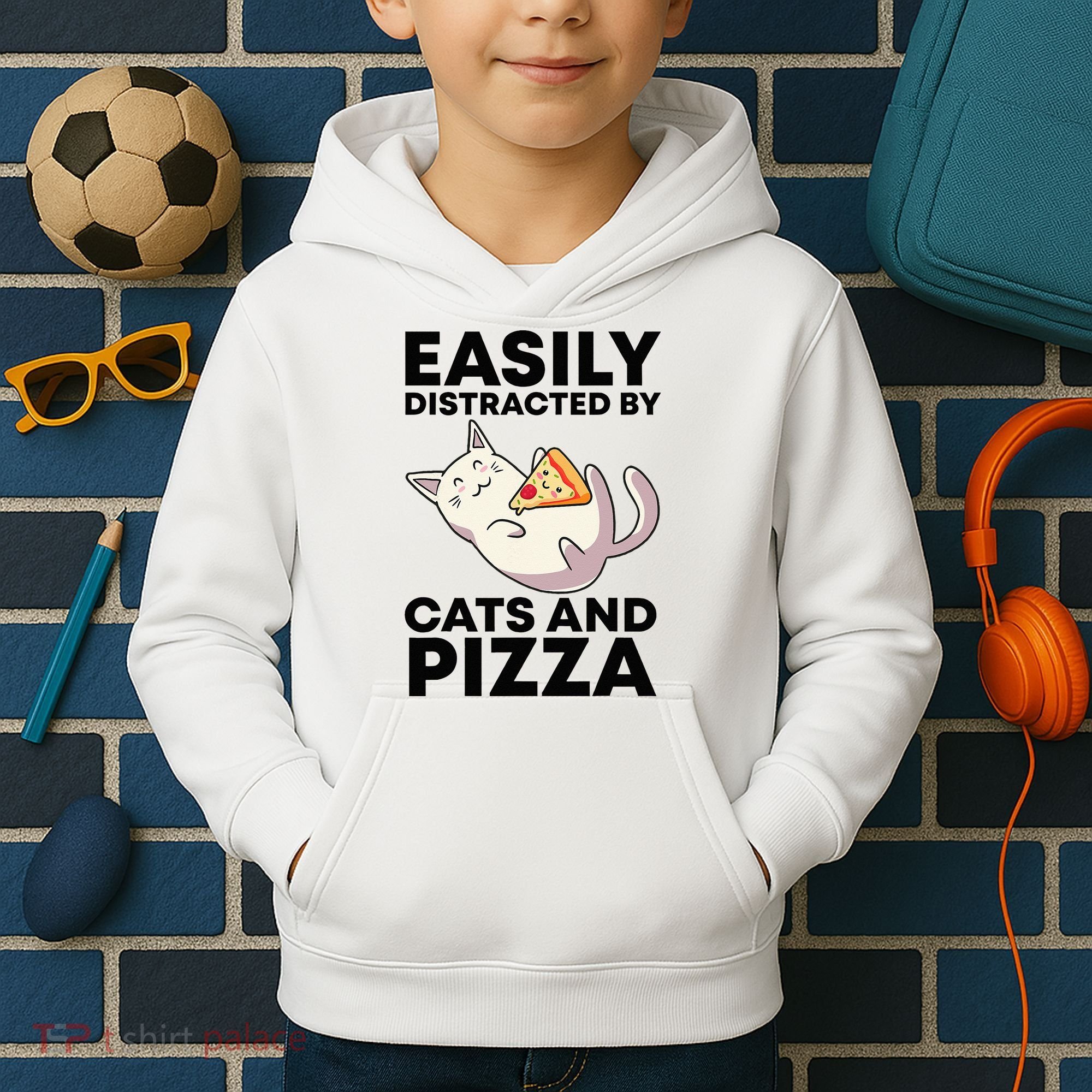 Easily Distracted By Cats And Pizza Kawaii Cat Lovers Gift Kids Hoodie